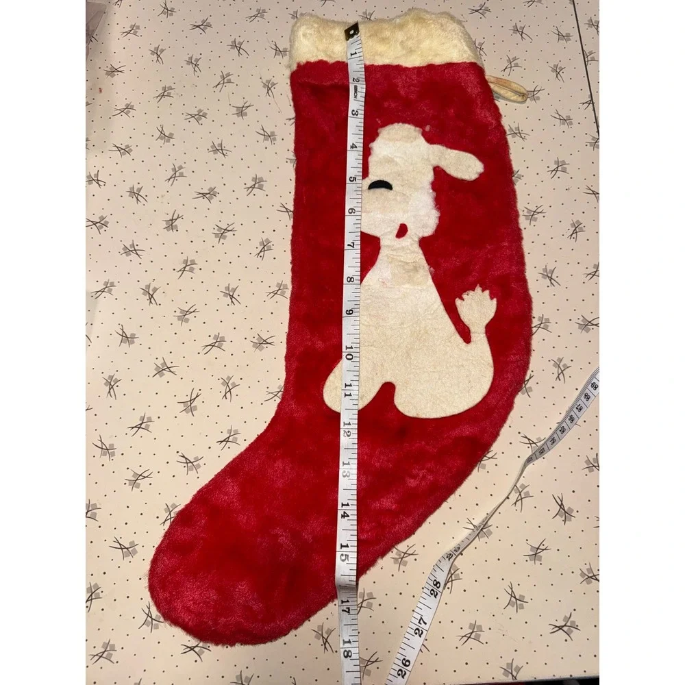 Vintage 80s Christmas Stocking Red Plush White Poodle Applique Faux Fur Cuff
